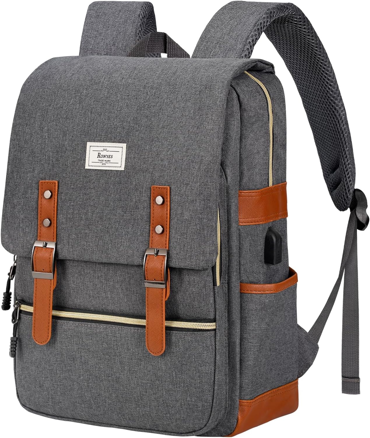 Ronyes Vintage Laptop Backpack for Women Men,15.6 inch Bookbag Casual Daypack with USB Charging Port for College Work Backpacks - Image 3