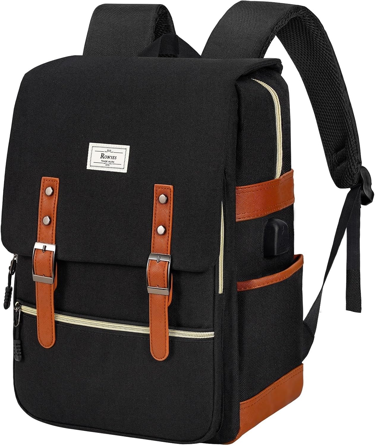 Ronyes Vintage Laptop Backpack for Women Men,15.6 inch Bookbag Casual Daypack with USB Charging Port for College Work Backpacks
